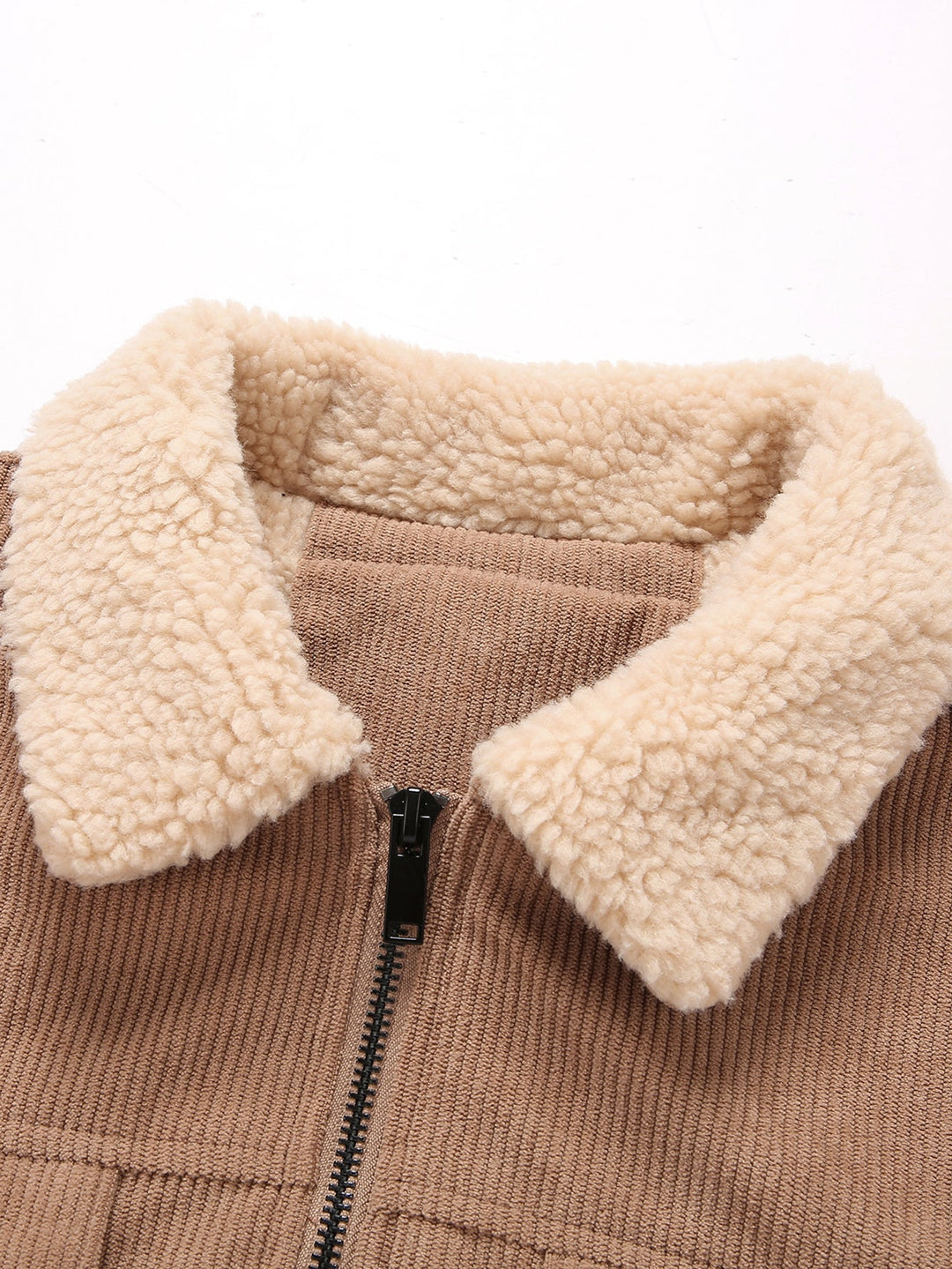 Corduroy jacket with zipper, teddy lining, and pockets