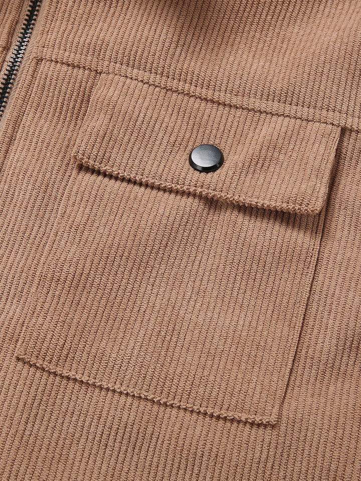 Corduroy jacket with zipper, teddy lining, and pockets