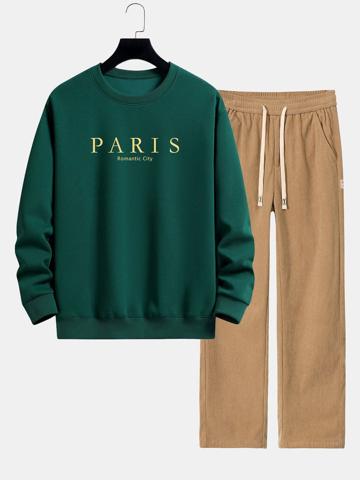 Parijs Slogan Print Relax Fit Sweatshirt & Rechte Pijpen Corduroy Broek