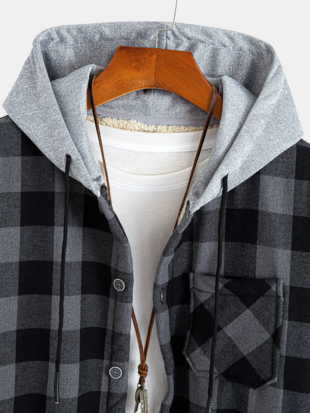 Teddy-lined plaid hooded blouse