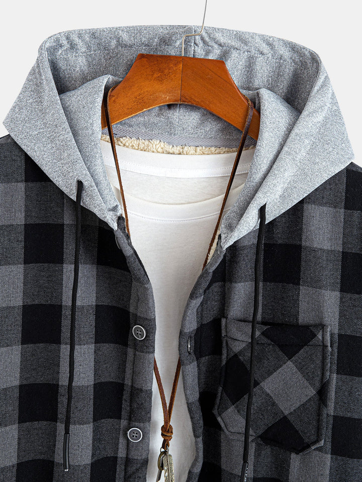 Teddy-lined plaid hooded blouse