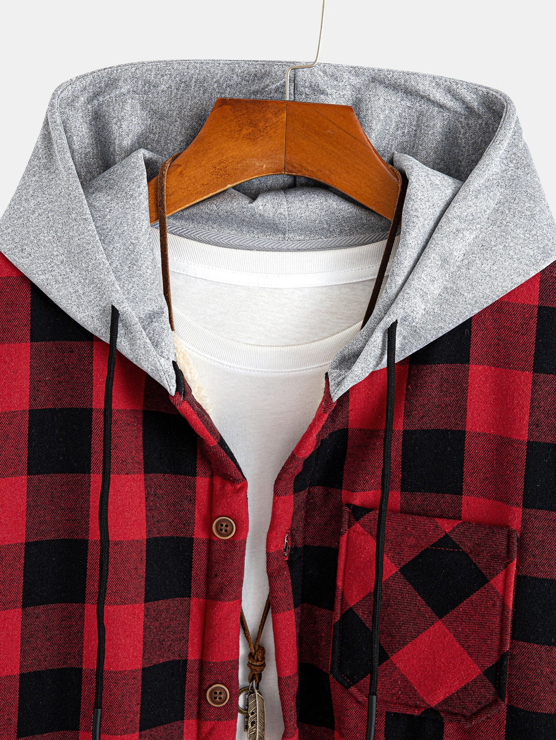 Teddy-lined plaid hooded blouse