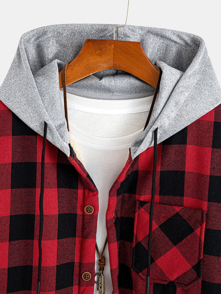 Teddy-lined plaid hooded blouse