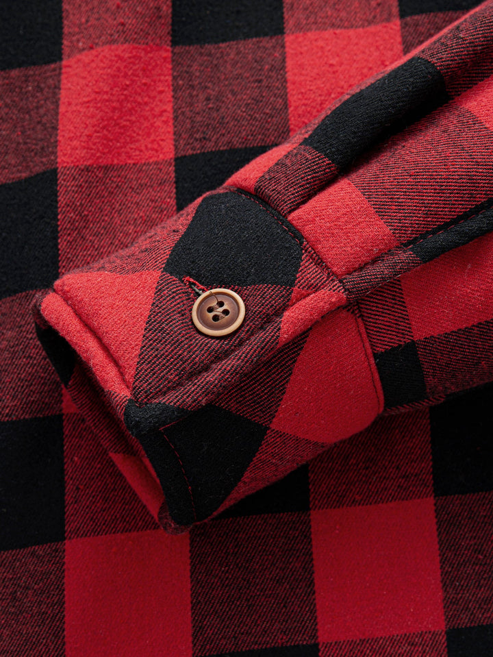 Teddy-lined plaid hooded blouse