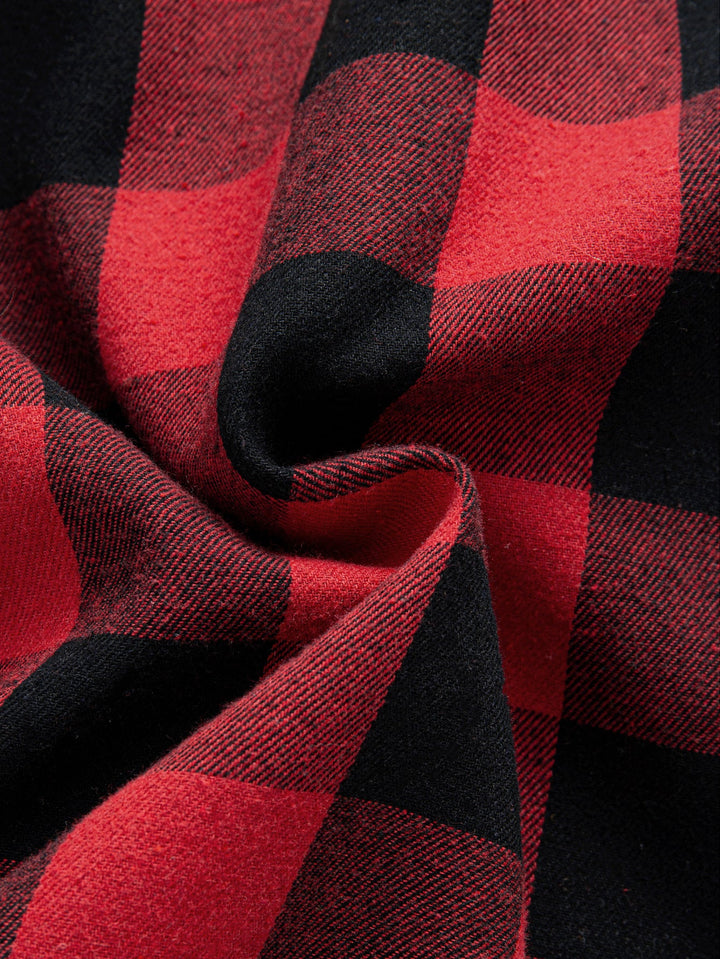 Teddy-lined plaid hooded blouse