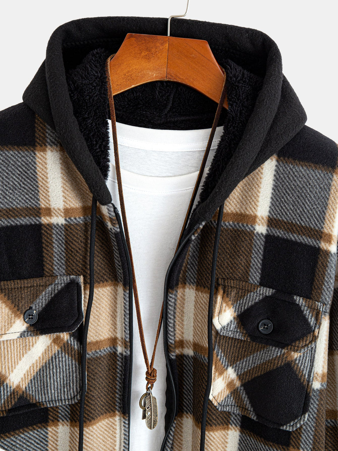 Flannel fleece-lined zipper hooded shirt
