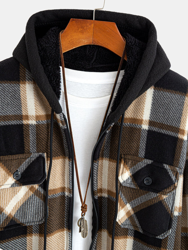 Flannel fleece-lined zipper hooded shirt