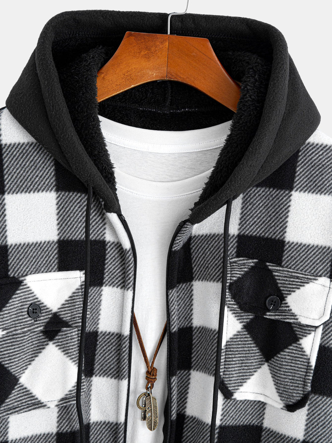 Flannel fleece-lined zipper hooded shirt