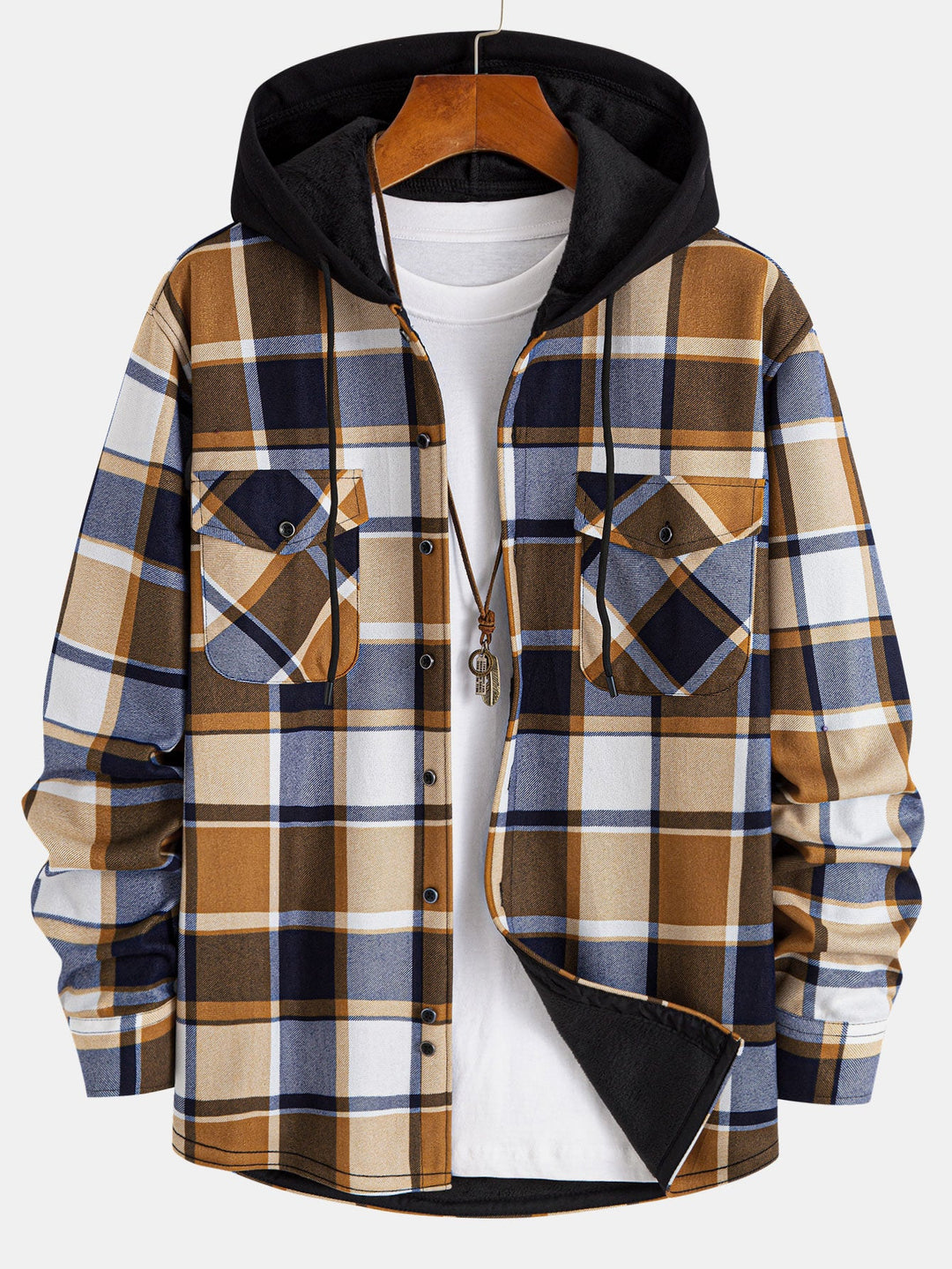 Flannel fleece-lined hooded blouse with buttons