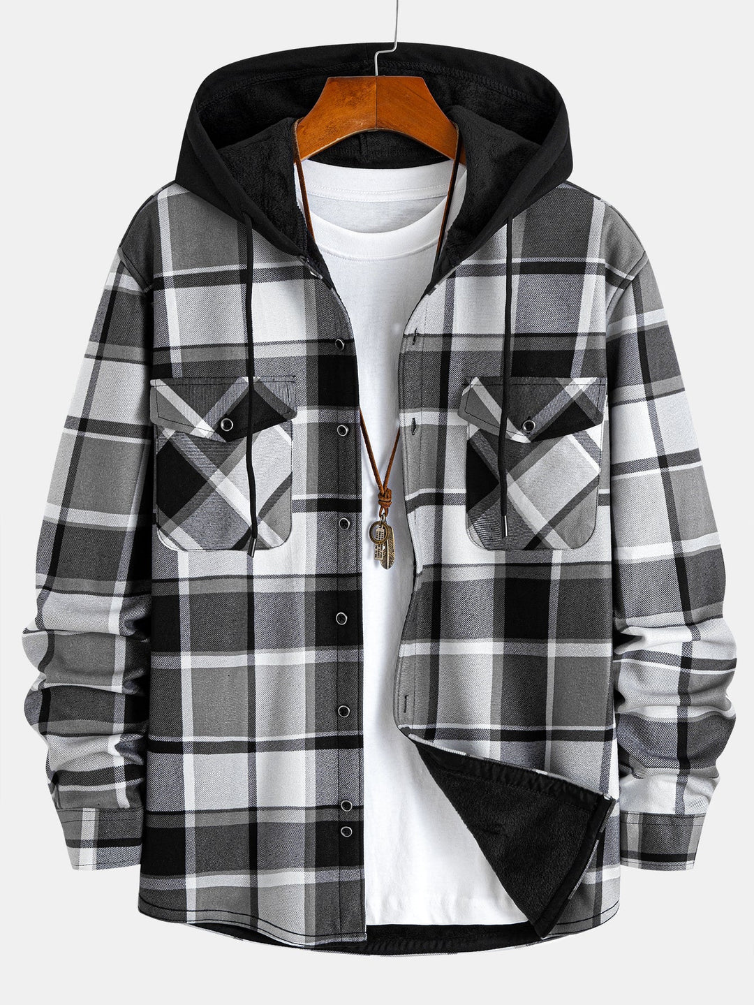 Flannel fleece-lined hooded blouse with buttons