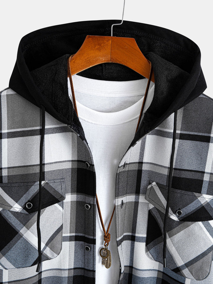 Flannel fleece-lined hooded blouse with buttons