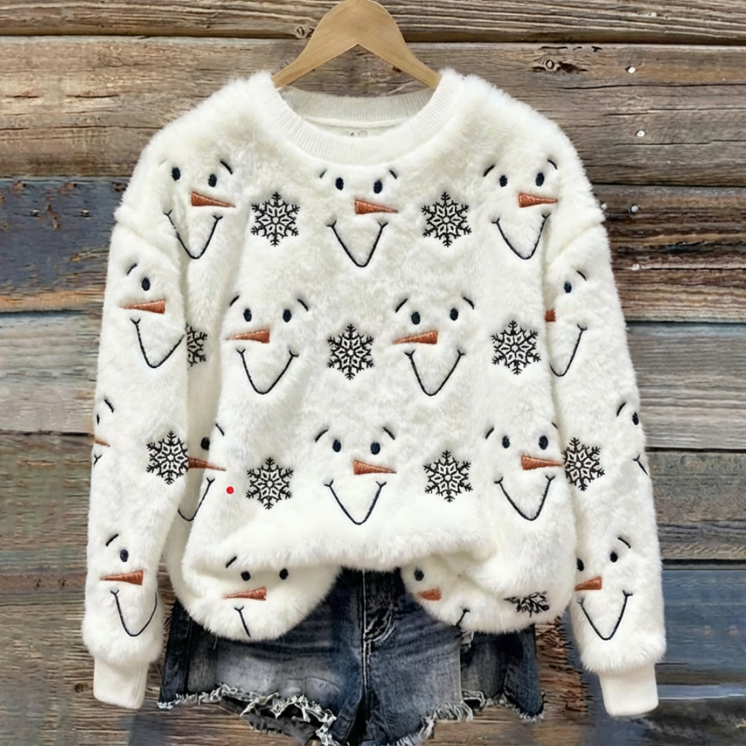 Smiling Snowman Face Fluffy Sweater