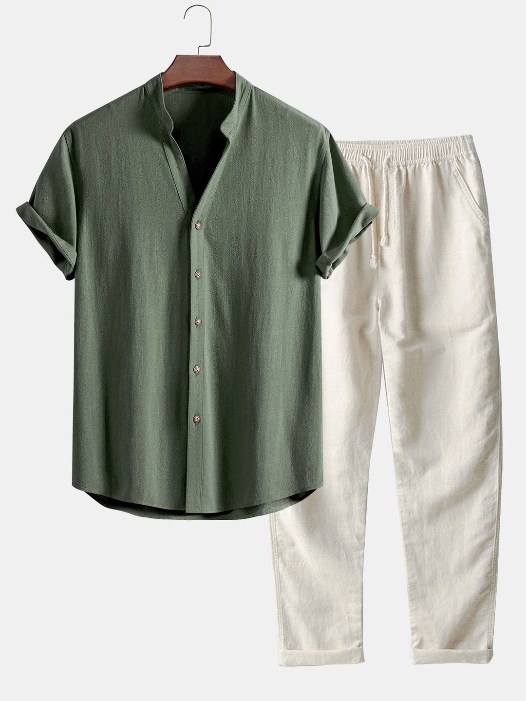 V-neck Linen Rayon Blend Shirt & Straight Leg Linen Pants