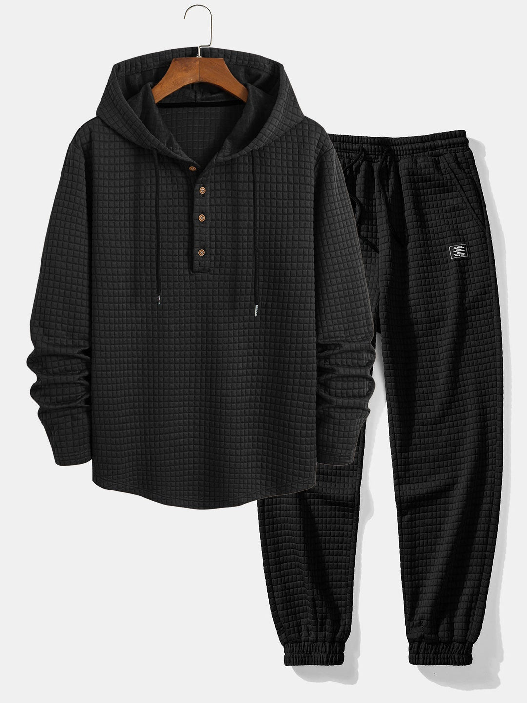 Langemouw Wafel Half Knopsluiting Boogzoom Hoodie T-shirt & Trekkoord Wafel Joggingbroek