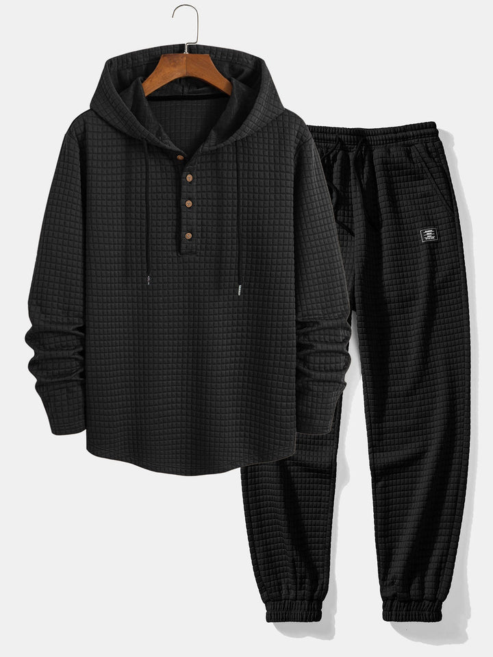 Langemouw Wafel Half Knopsluiting Boogzoom Hoodie T-shirt & Trekkoord Wafel Joggingbroek