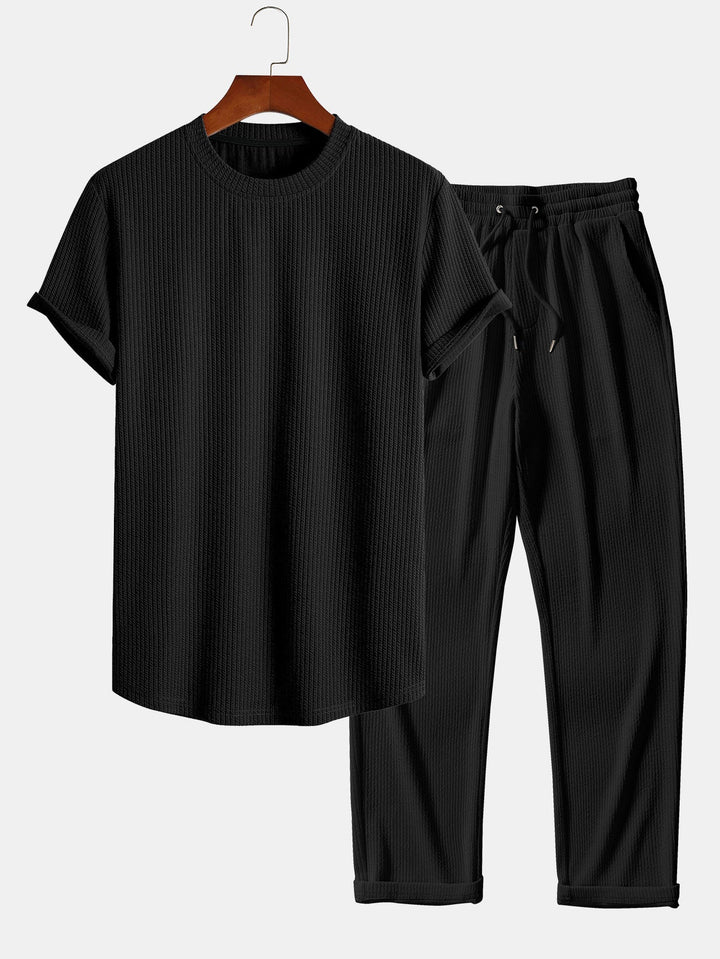 Muscle Fit Geribbelde Boogzoom T-Shirt & Rechte Geribbelde Broek
