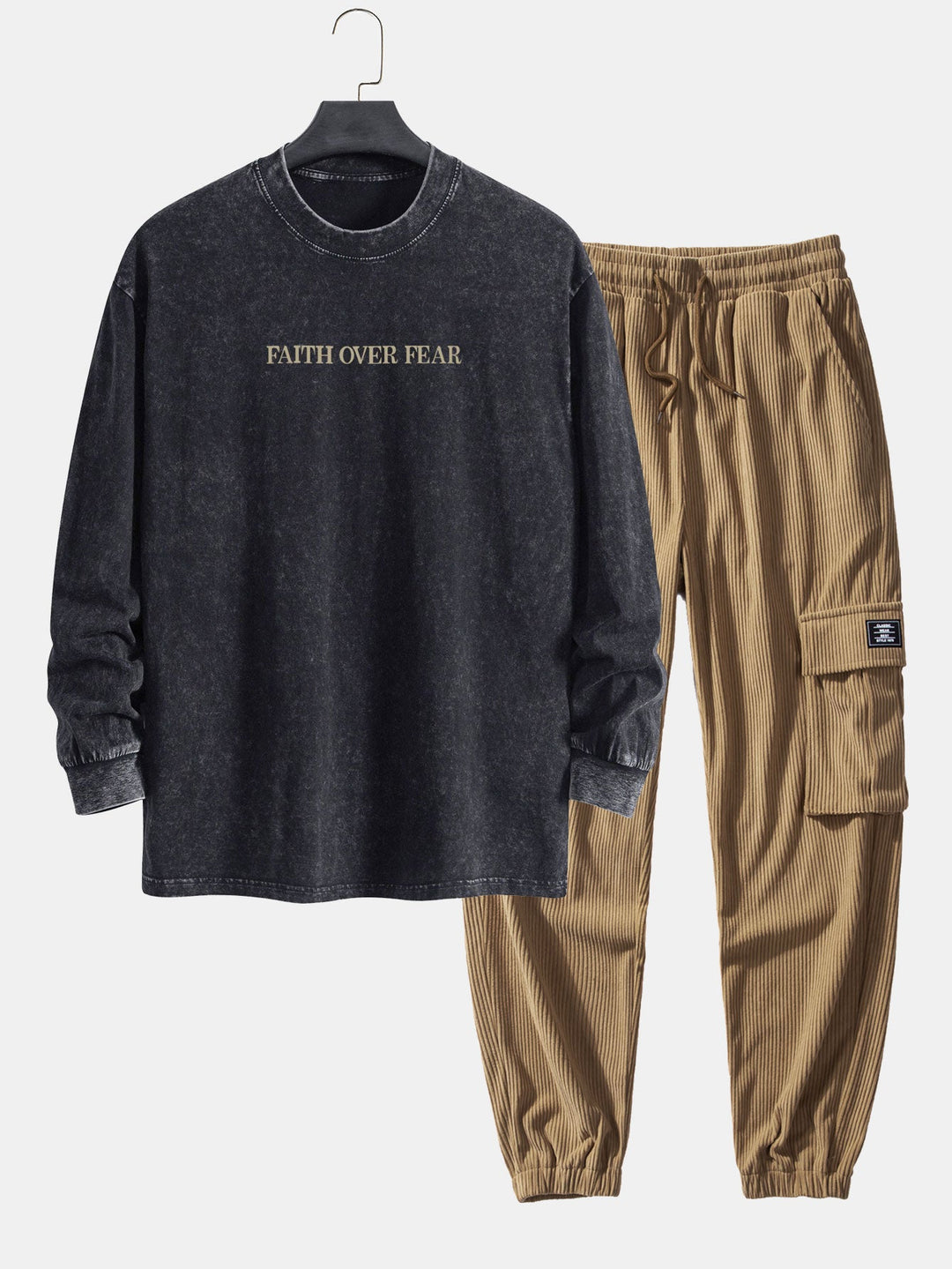 Faith Over Fear Print Relax Fit Gewassen Versleten T-Shirt & Trekkoord Corduroy Cargo Jogger Broek