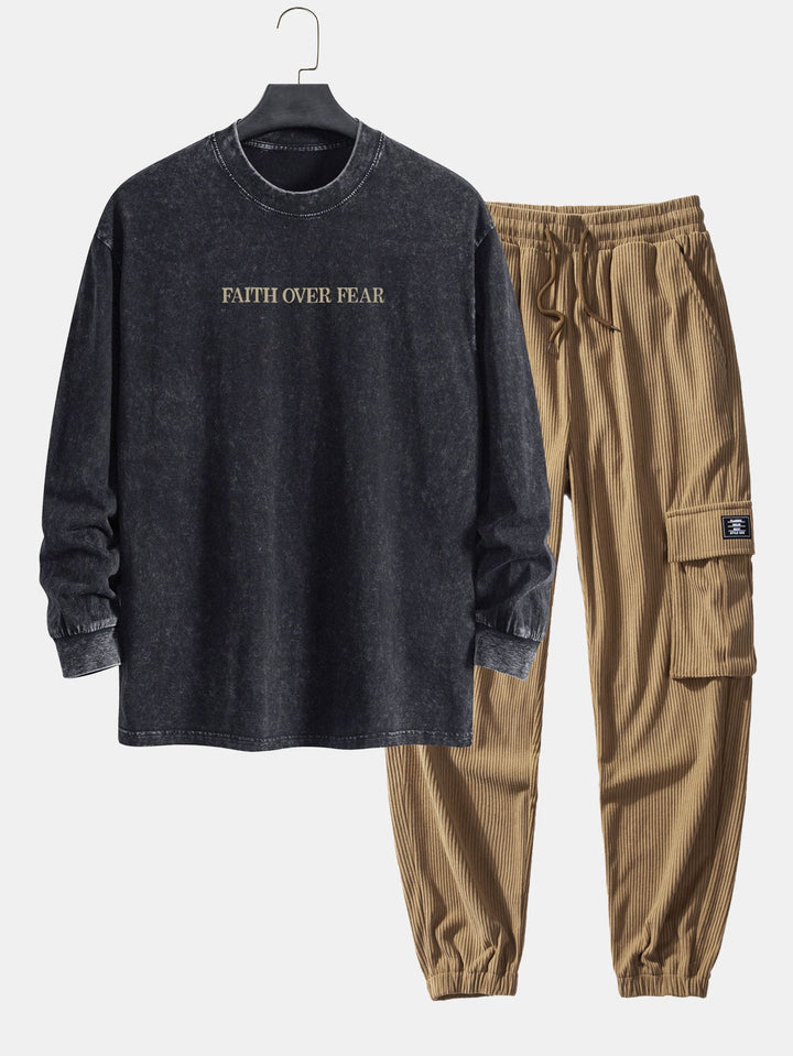 Faith Over Fear Print Relax Fit Gewassen Versleten T-Shirt & Trekkoord Corduroy Cargo Jogger Broek