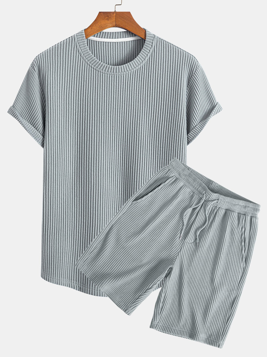 Gebreid Wafel Boog Hem T-Shirt & Trekkoord Wafel Korte Broek