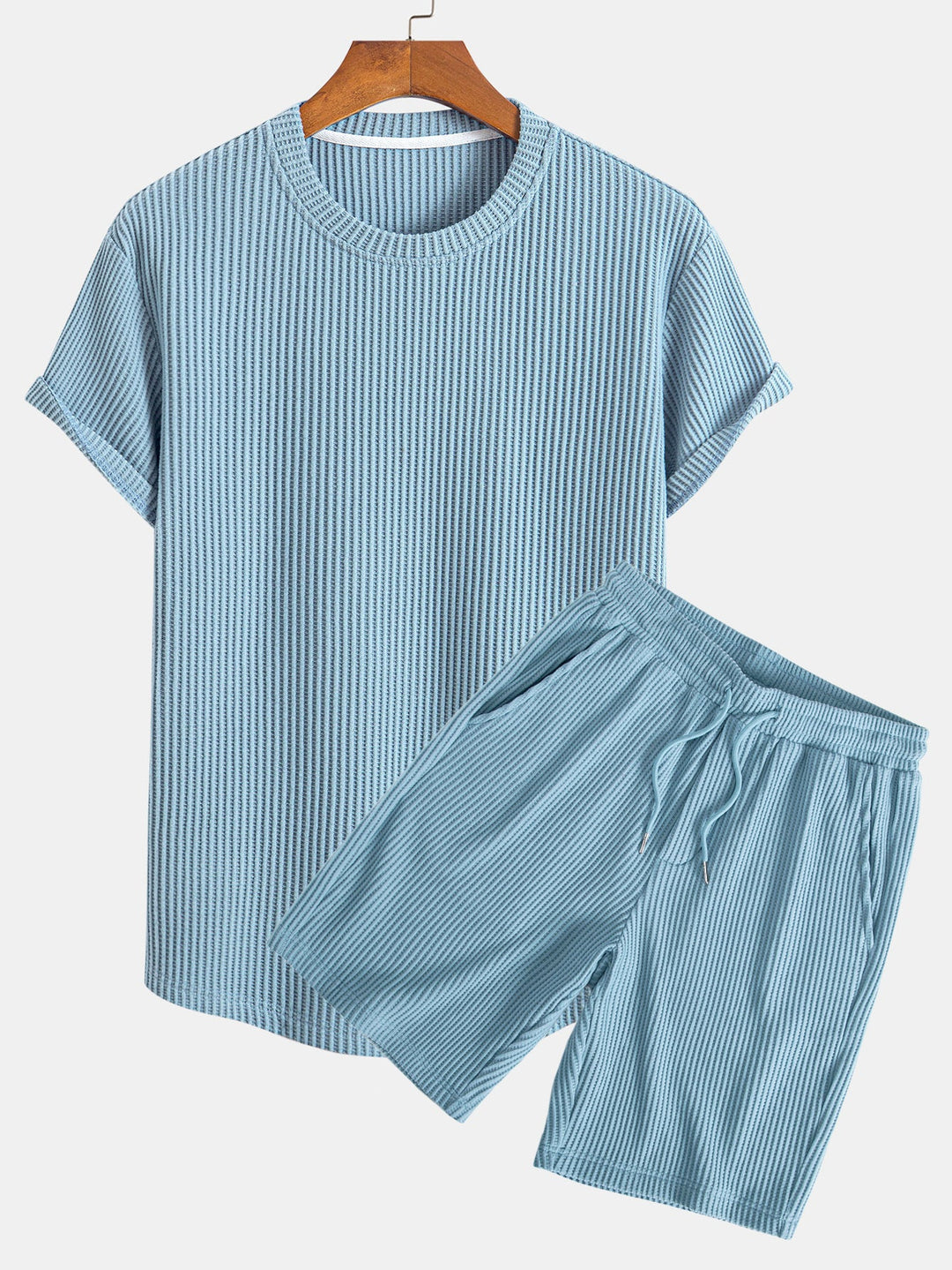 Gebreid Wafel Boog Hem T-Shirt & Trekkoord Wafel Korte Broek