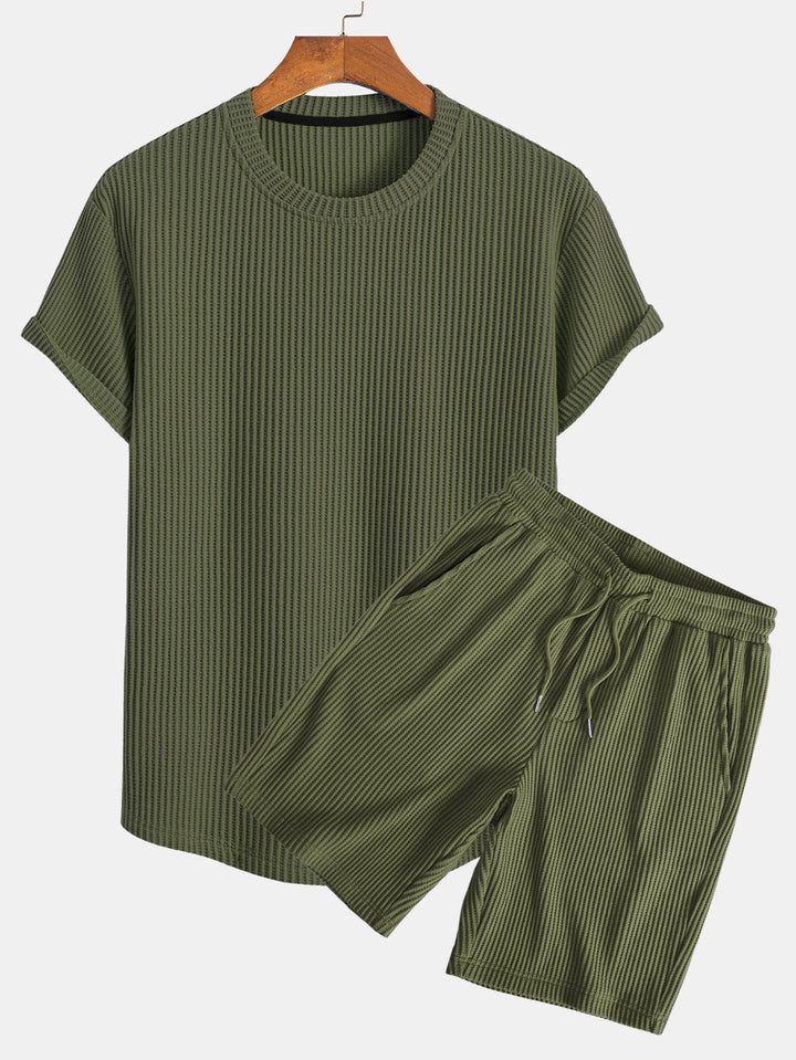 Gebreid Wafel Boog Hem T-Shirt & Trekkoord Wafel Korte Broek