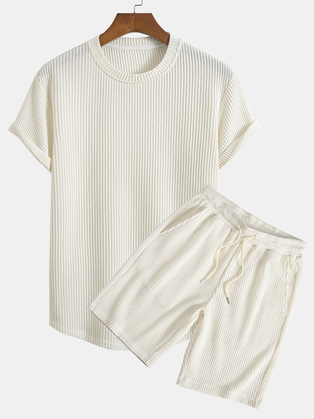 Gebreid Wafel Boog Hem T-Shirt & Trekkoord Wafel Korte Broek