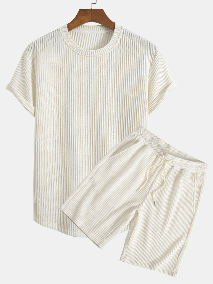 Gebreid Wafel Boog Hem T-Shirt & Trekkoord Wafel Korte Broek