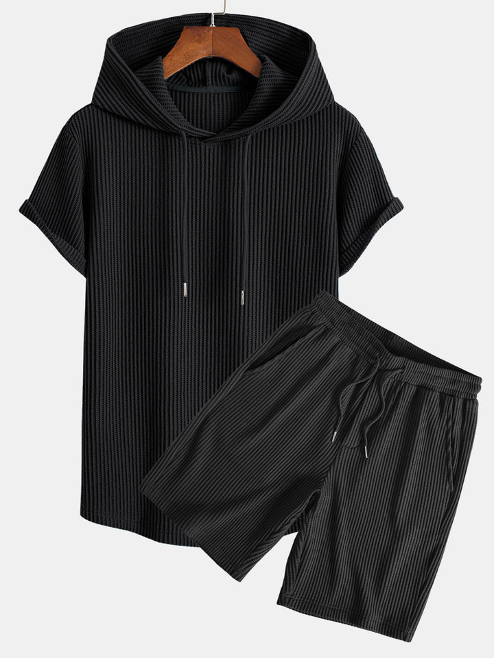 Gebreide Wafel Boog Hem Hoodie T-Shirt & Trekkoord Wafel Korte Broek