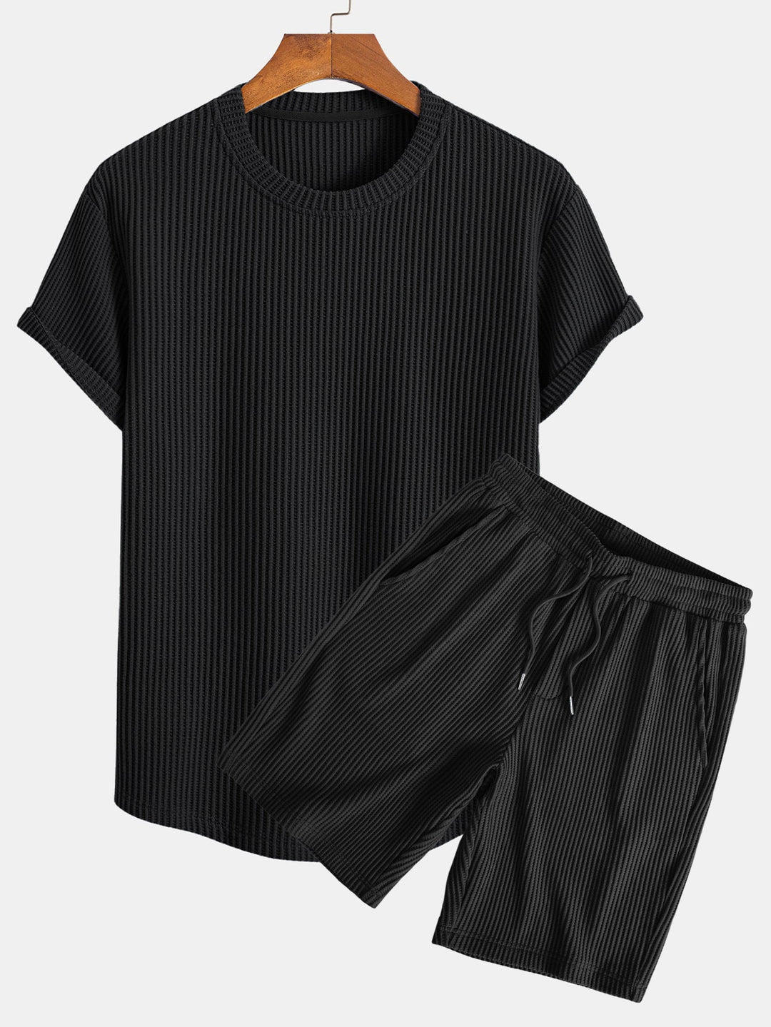 Gebreid Wafel Boog Hem T-Shirt & Trekkoord Wafel Korte Broek