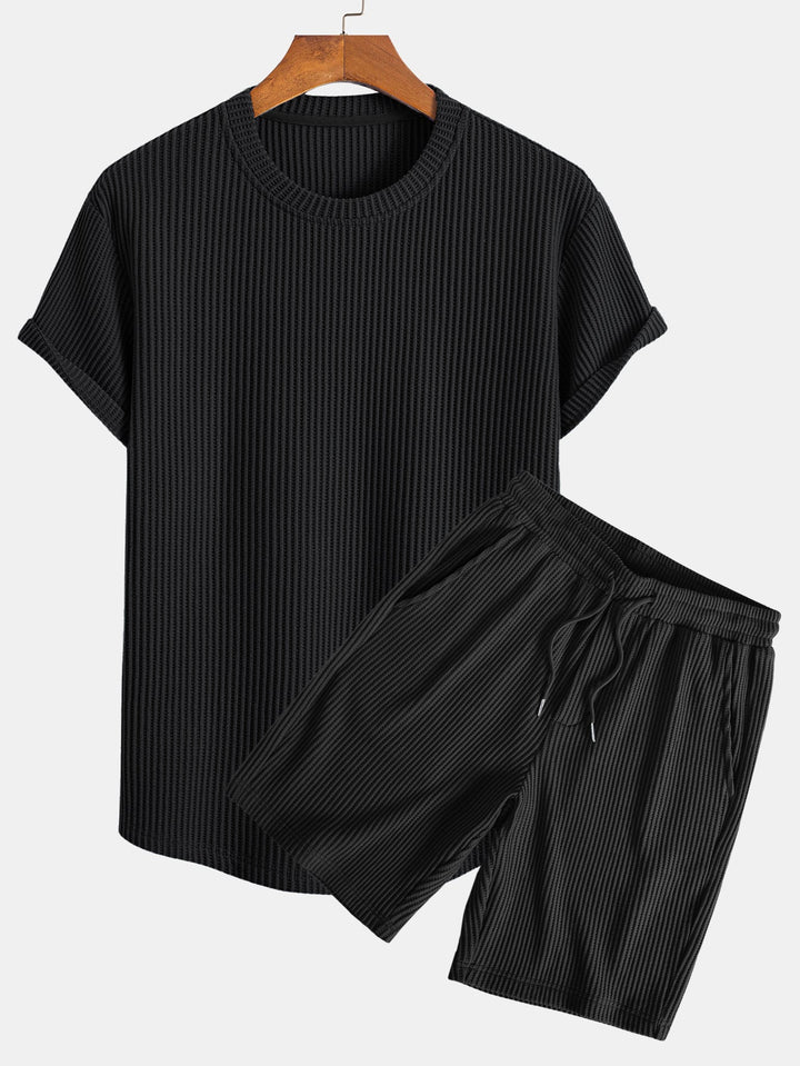 Gebreid Wafel Boog Hem T-Shirt & Trekkoord Wafel Korte Broek