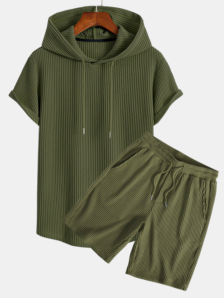 Gebreide Wafel Boog Hem Hoodie T-Shirt & Trekkoord Wafel Korte Broek