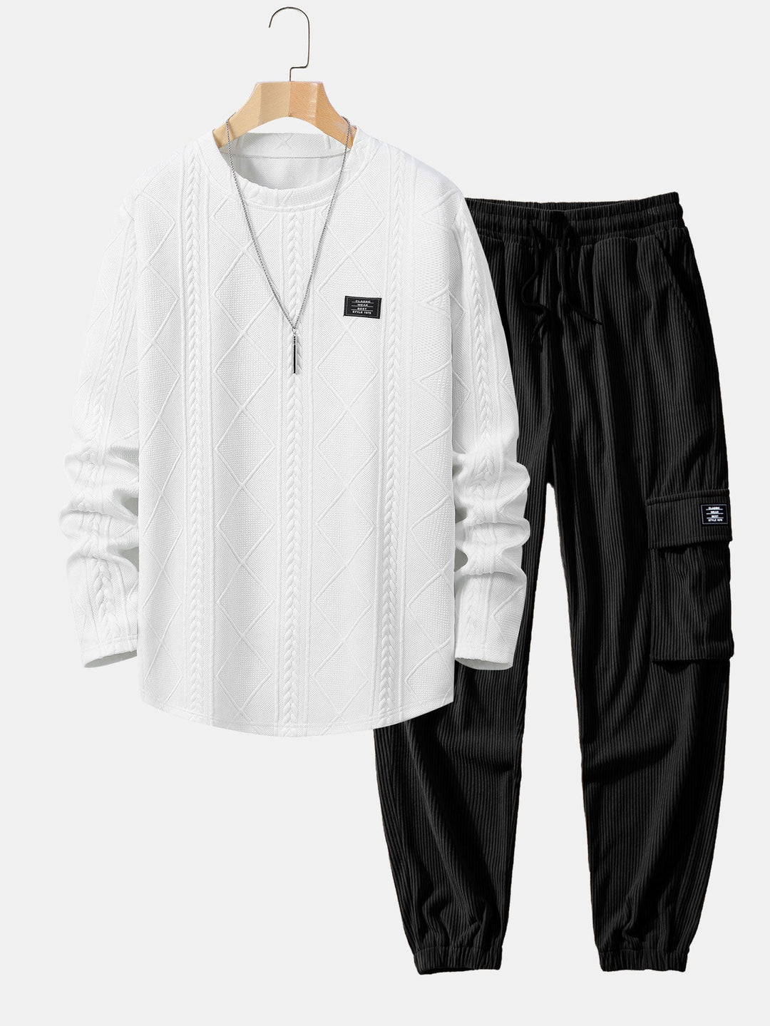 Langsleeve Geometrisch Jacquard Boog Hem T-Shirt & Trekkoord Corduroy Cargo Jogger Broek