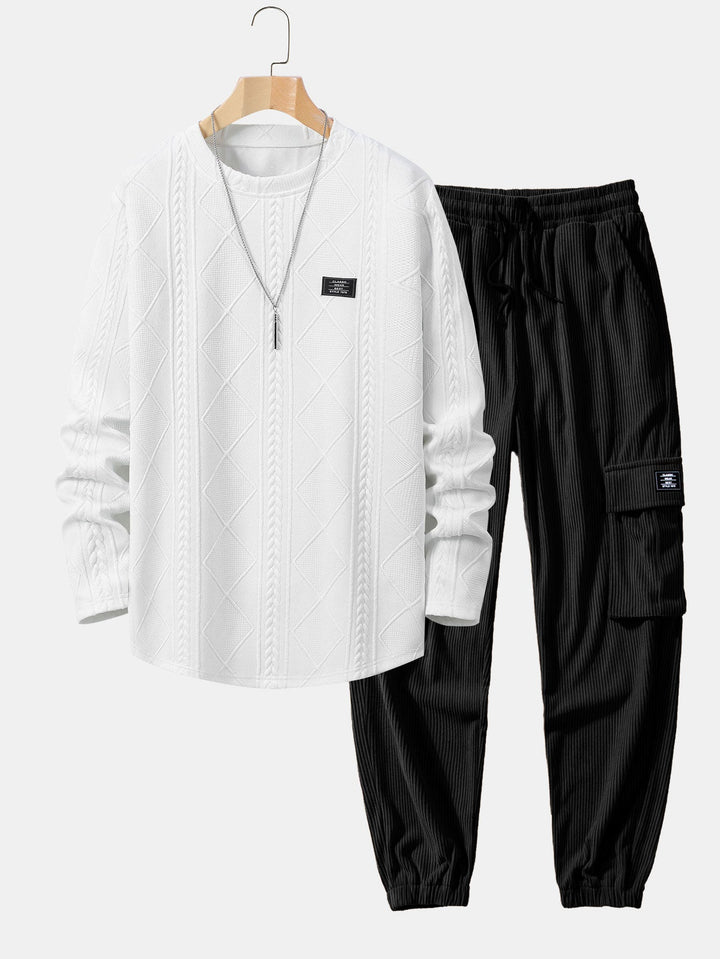 Langsleeve Geometrisch Jacquard Boog Hem T-Shirt & Trekkoord Corduroy Cargo Jogger Broek