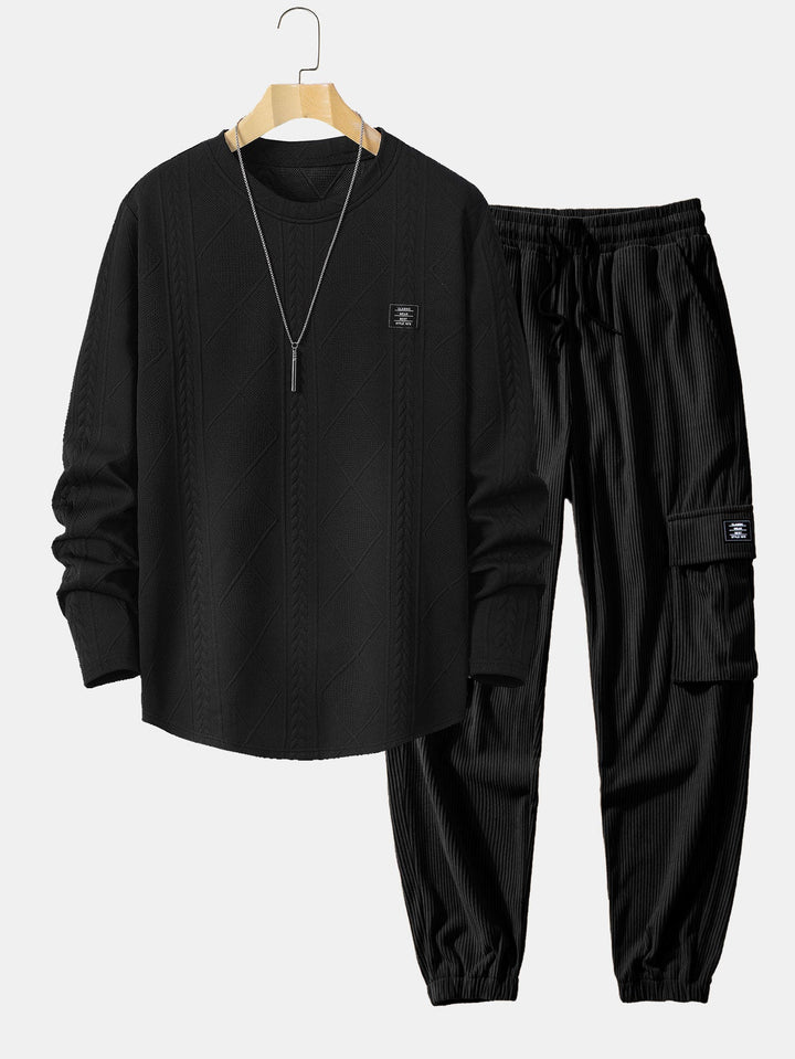 Langsleeve Geometrisch Jacquard Boog Hem T-Shirt & Trekkoord Corduroy Cargo Jogger Broek