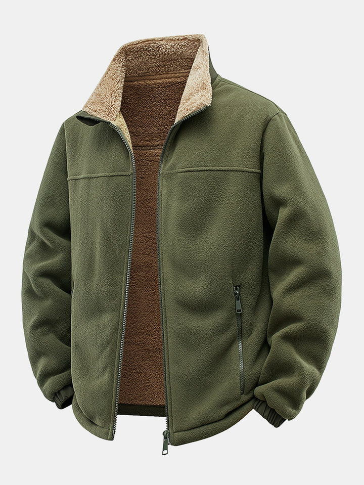 Teddy-lined polar fleece jacket with zipper and stand-up collar