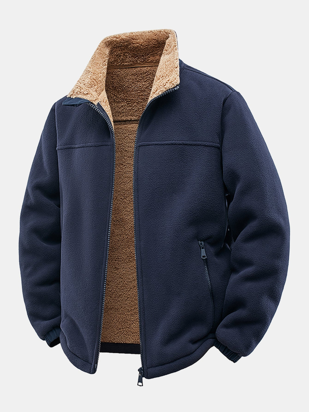 Teddy-lined polar fleece jacket with zipper and stand-up collar