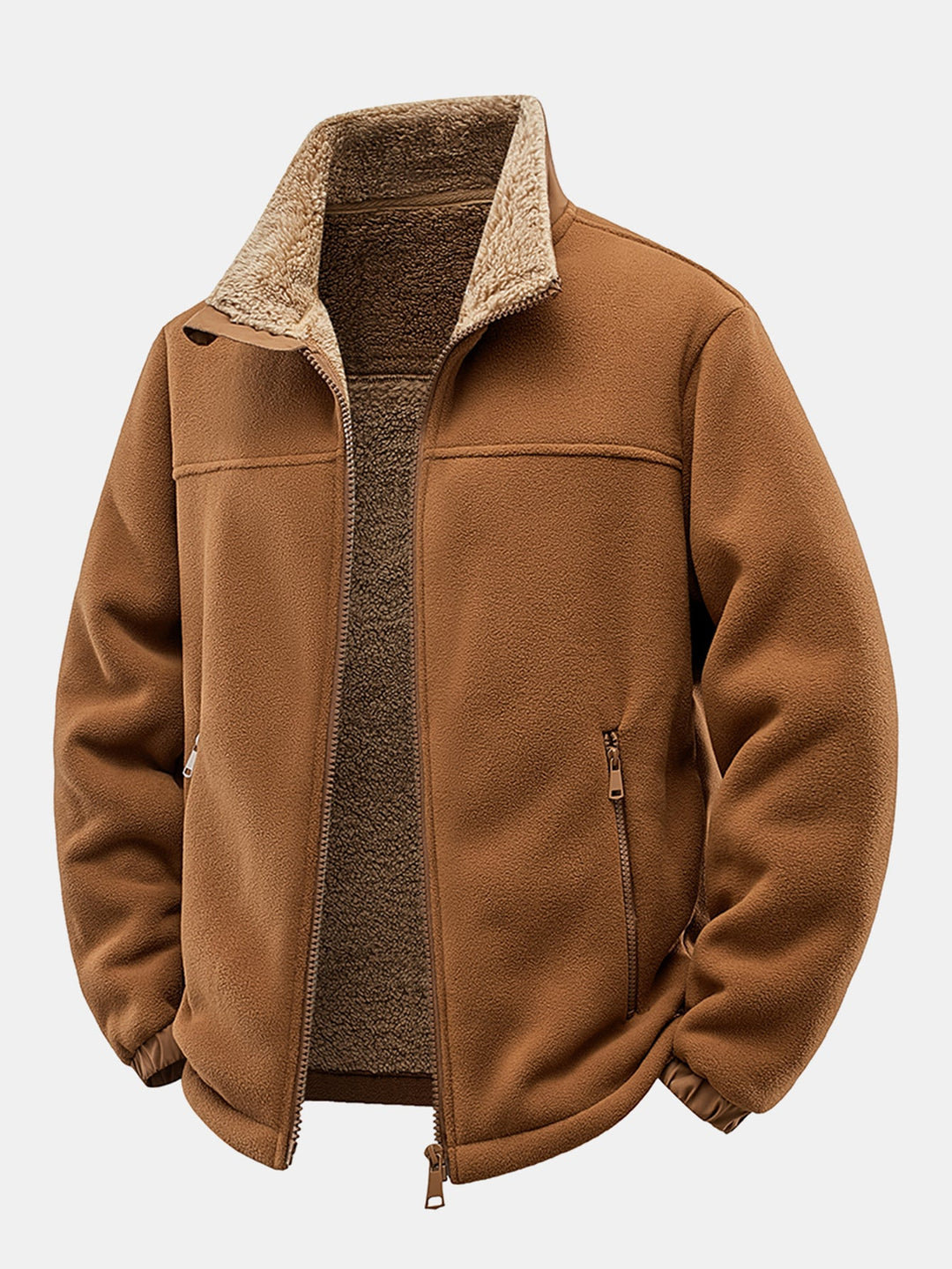 Teddy-lined polar fleece jacket with zipper and stand-up collar