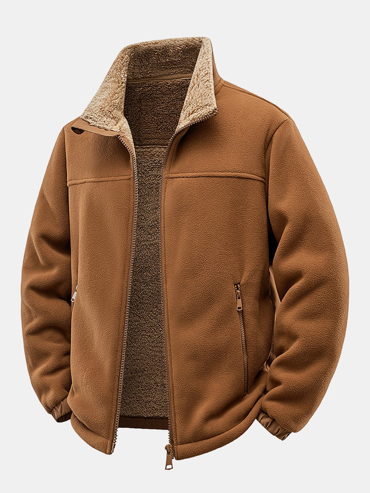 Teddy-lined polar fleece jacket with zipper and stand-up collar