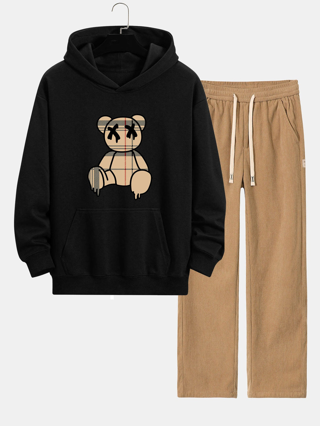 Geruite Oplosbare Beerprint Relax Fit Hoodie & Rechte Pijpen Corduroy Broek