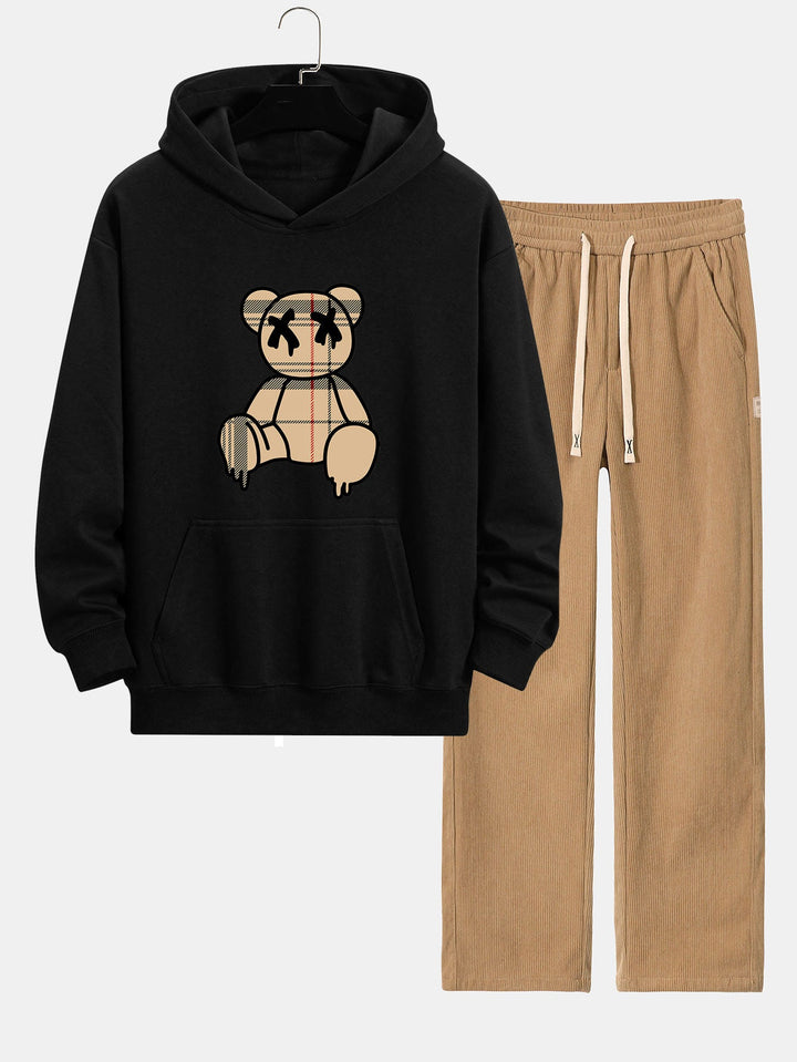 Geruite Oplosbare Beerprint Relax Fit Hoodie & Rechte Pijpen Corduroy Broek