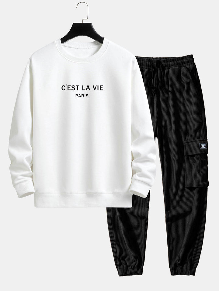 Paris Print Relax Fit Sweatshirt & Drawstring Corduroy Cargo Jogger Pants