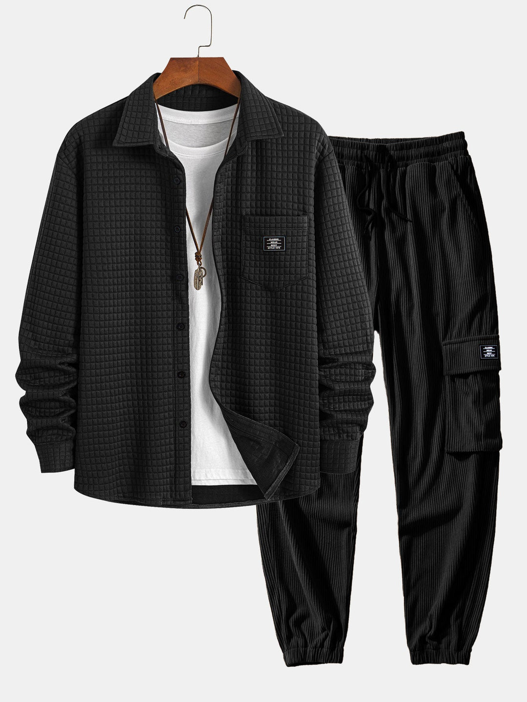 Wafel Knop-Up Shirt & Touwtjes Corduroy Cargo Jogger Broek