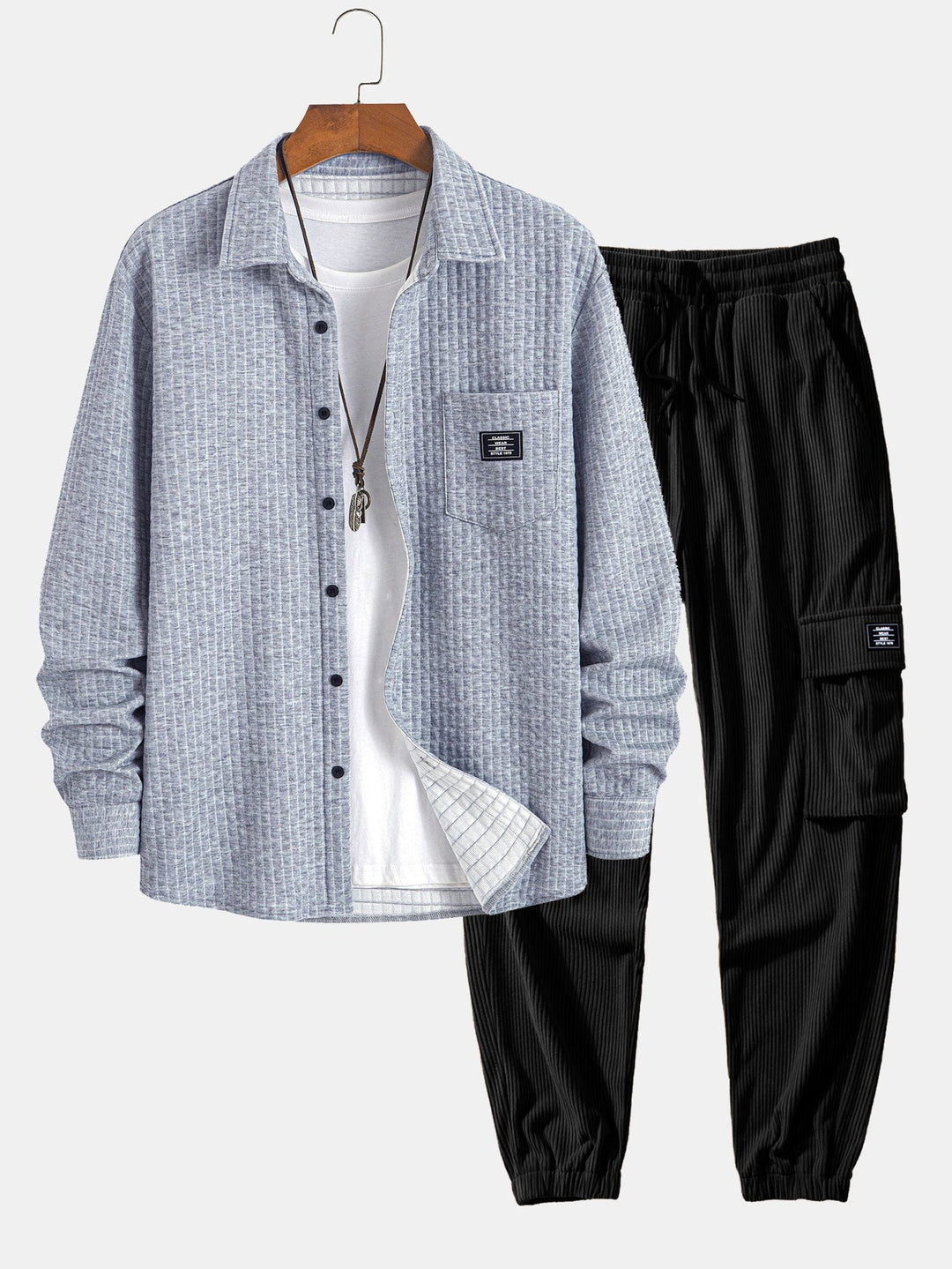 Wafel Knop-Up Shirt & Touwtjes Corduroy Cargo Jogger Broek