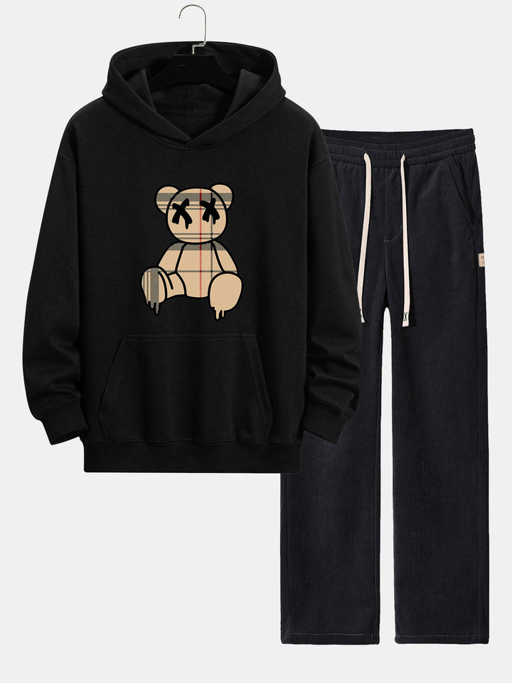 Geruite Oplosbare Beerprint Relax Fit Hoodie & Rechte Pijpen Corduroy Broek