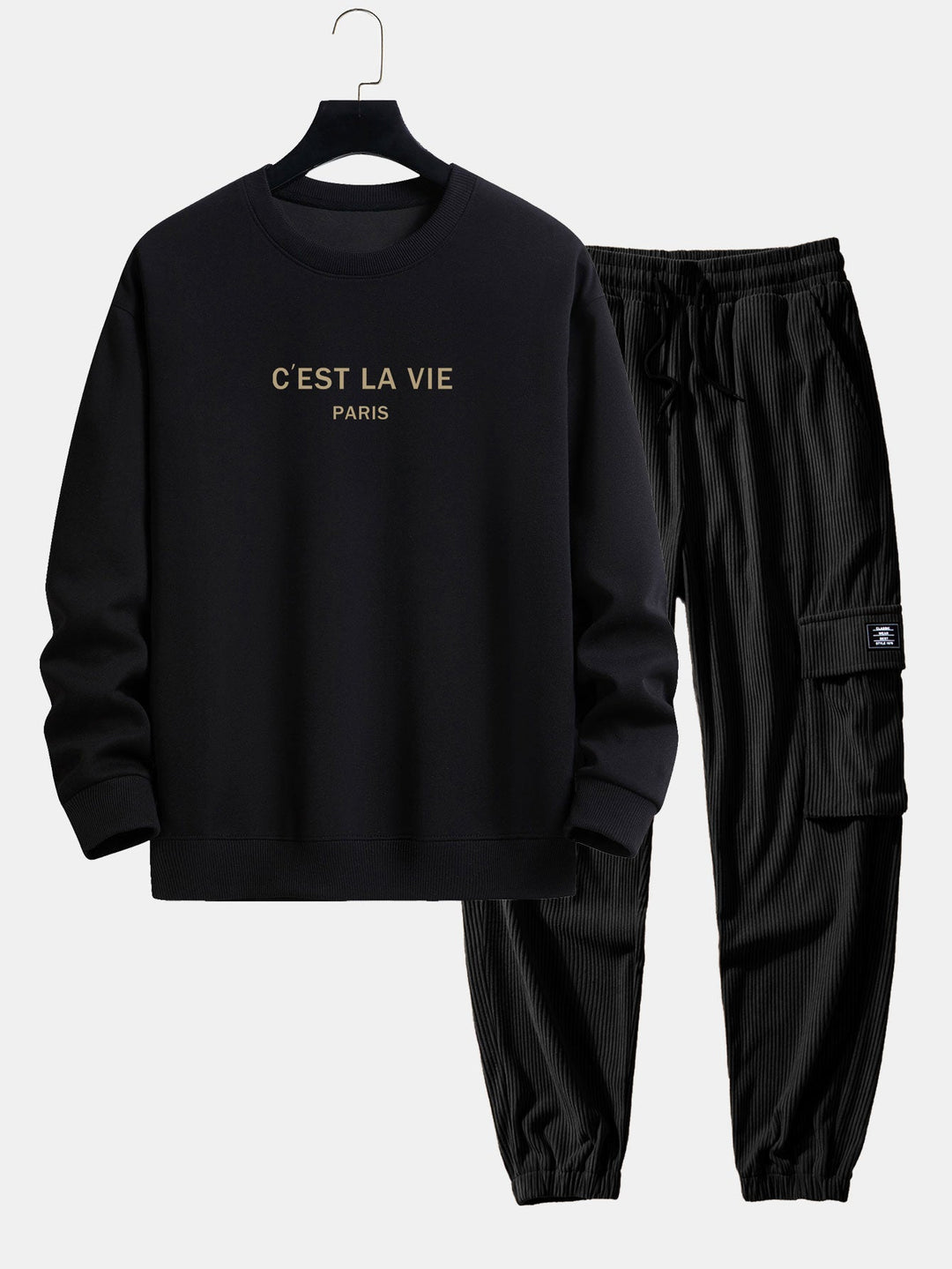 Paris Print Relax Fit Sweatshirt & Drawstring Corduroy Cargo Jogger Pants