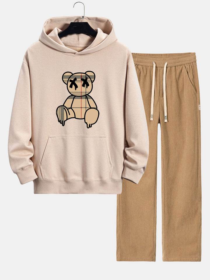 Geruite Oplosbare Beerprint Relax Fit Hoodie & Rechte Pijpen Corduroy Broek