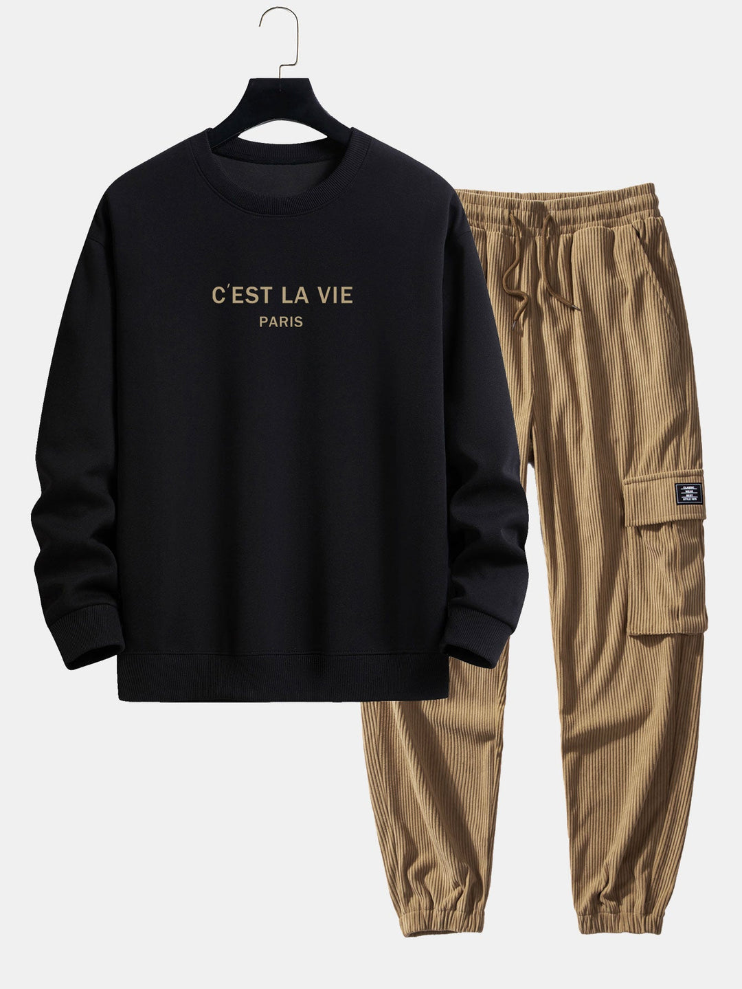 Paris Print Relax Fit Sweatshirt & Drawstring Corduroy Cargo Jogger Pants