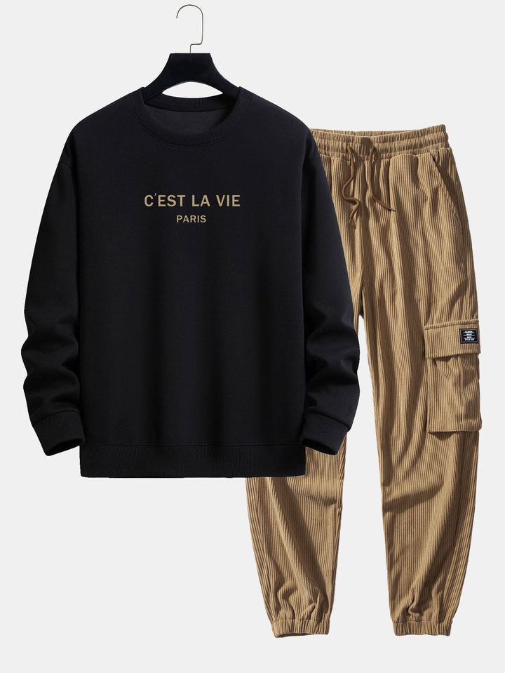 Paris Print Relax Fit Sweatshirt & Drawstring Corduroy Cargo Jogger Pants