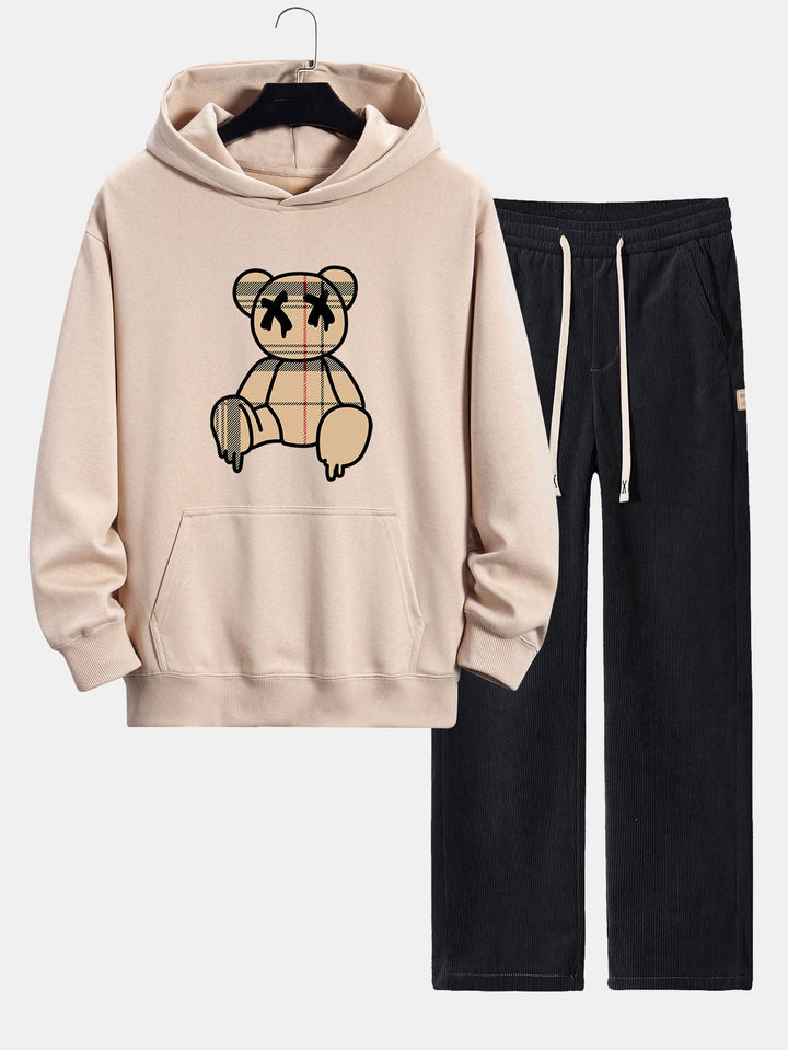 Geruite Oplosbare Beerprint Relax Fit Hoodie & Rechte Pijpen Corduroy Broek