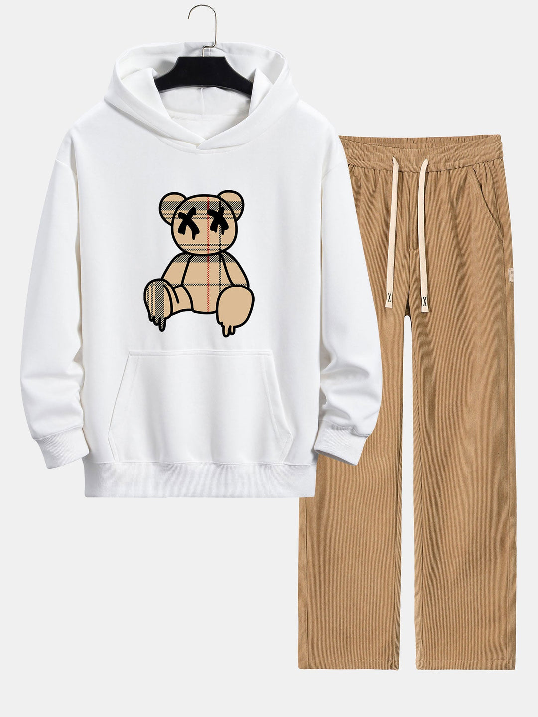 Geruite Oplosbare Beerprint Relax Fit Hoodie & Rechte Pijpen Corduroy Broek